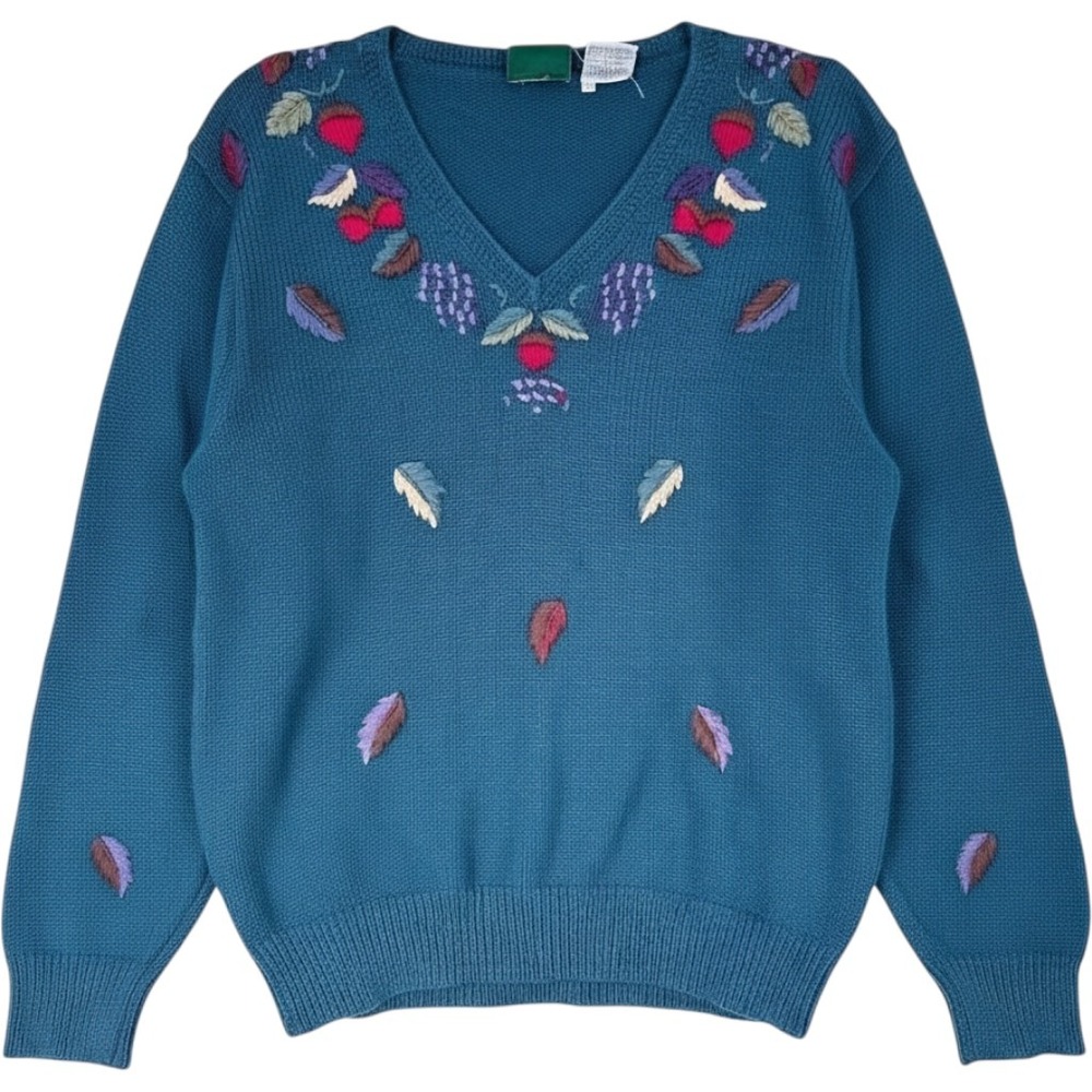 Northern Reflections Sweater Womens Small Teal Blue Embroidered Fruit Vintage S